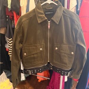 NWT The Kooples Olive Green denim Jacket with detachable leather belt size S